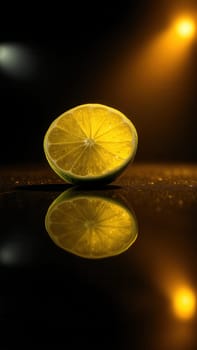 Half a lime on a polished black surface with reflection