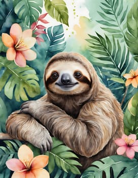 Cute sloth among leaves and flowers, watercolor drawing