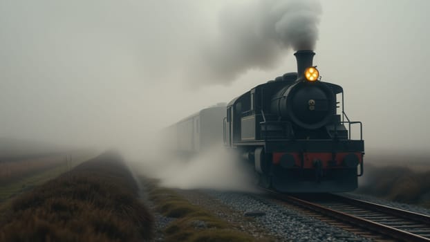 A steam locomotive on the railroad in the fog