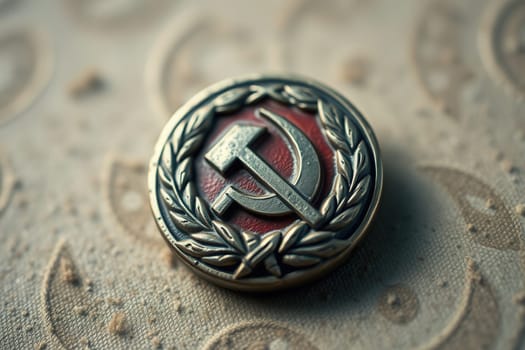 Vintage badge with the coat of arms of the Soviet Union close-up