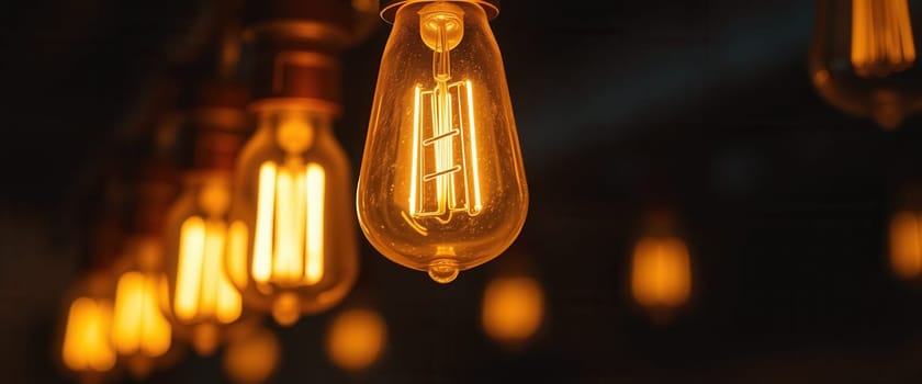 Close-up of vintage incandescent light bulbs with dim lights hanging in a row