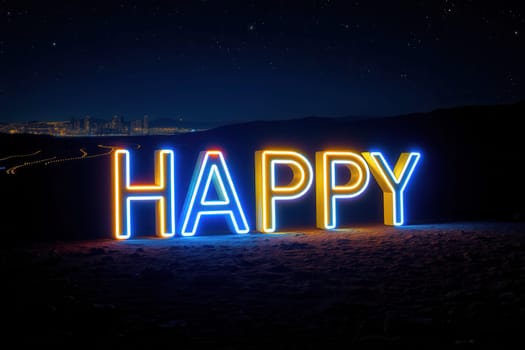 HAPPY neon sign on a hill at night against a backdrop of dark skies and city lights