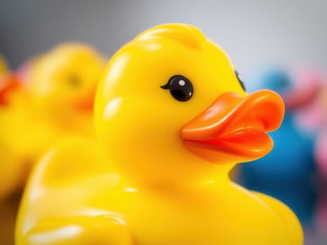 Close up of yellow rubber duck toy on a blurred background