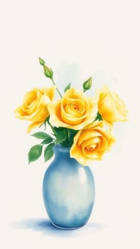 Yellow roses in a blue vase on a white background, watercolor illustration