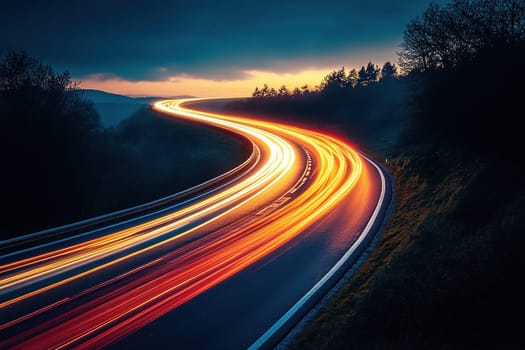 Bright light stripes on the highway outside the city at night.