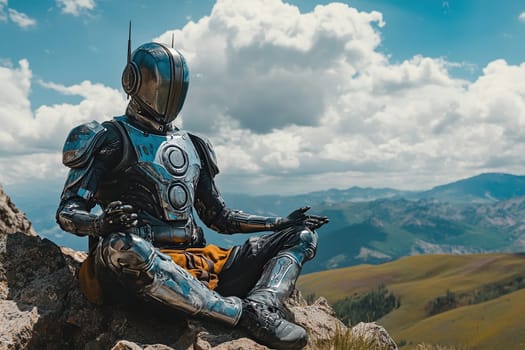 Iron robot in meditation pose on top of the mountain. Concept of mental health and energy conservation.