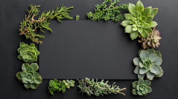 Succulents plants with card invitation on a black background, decorative botanical design elements, top view flat lay.