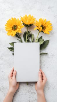Sunflowers with elegant card. Sunflowers with card , decorative botanical design elements, top view.