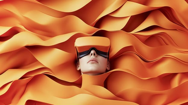 A futuristic image of a young woman wearing a virtual reality headset, set against a surreal and futuristic