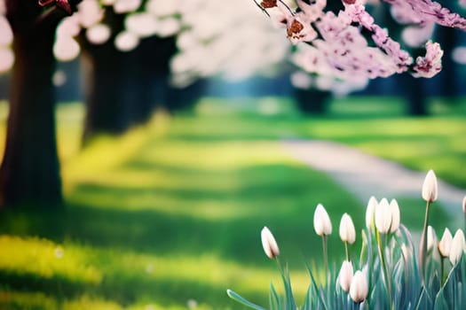 spring flowers trees beautiful park green nature bright colors pink flora alt illustration card season march. High quality 3d illustration generation ai alt