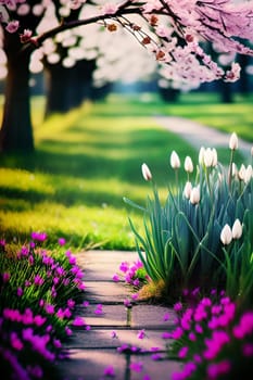 spring flowers trees beautiful park green nature bright colors pink flora alt illustration card season march. High quality 3d illustration generation ai alt