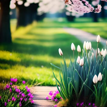 spring flowers trees beautiful park green nature bright colors pink flora alt illustration card season march. High quality 3d illustration generation ai alt