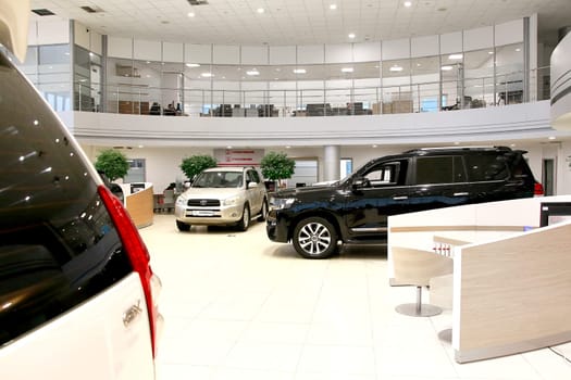 Kazan, Russia - November 25, 2022: Cars in showroom of dealership Toyota in Kazan in Russia