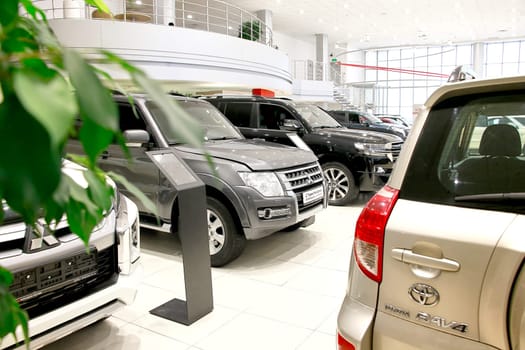 Kazan, Russia - November 25, 2022: Cars in showroom of dealership Toyota in Kazan in Russia