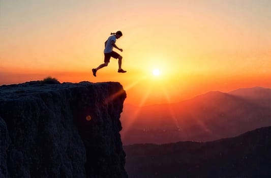 A man courageously leaps off a cliff into the abyss at sunset, symbolizing the spirit of overcoming challenges and problem solving in life.