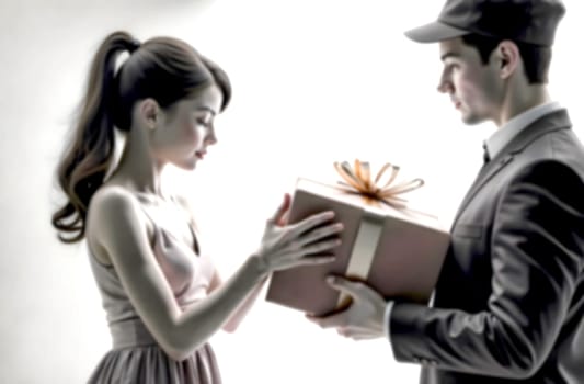 A couple shares a tender moment as a delivery person presents a beautifully wrapped Valentine's gift, symbolizing love and connection.. Blurred picture
