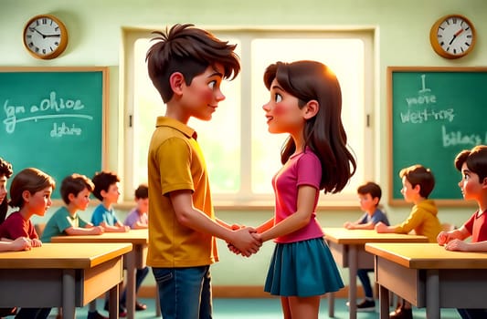 Two teenagers share a sweet moment in a classroom, holding hands while surrounded by classmates. The warmth of young love is evident.