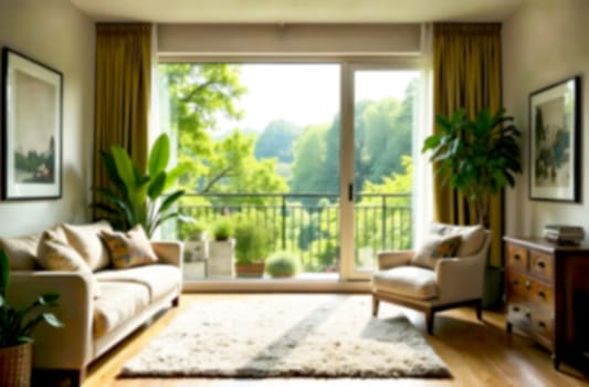 A cozy living room featuring a light sofa and armchair, with a bright view of greenery outside the large windows, creating a serene atmosphere.