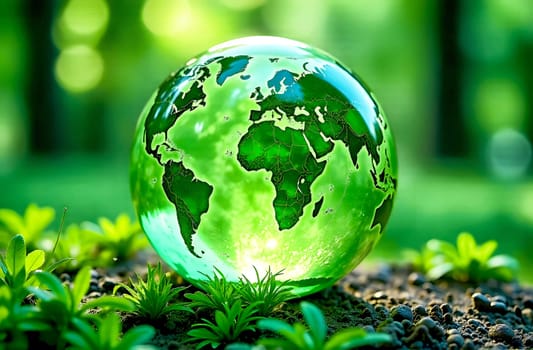 The globe showcases environmental themes with a focus on ecology and renewable energy set against a backdrop of lush greenery.