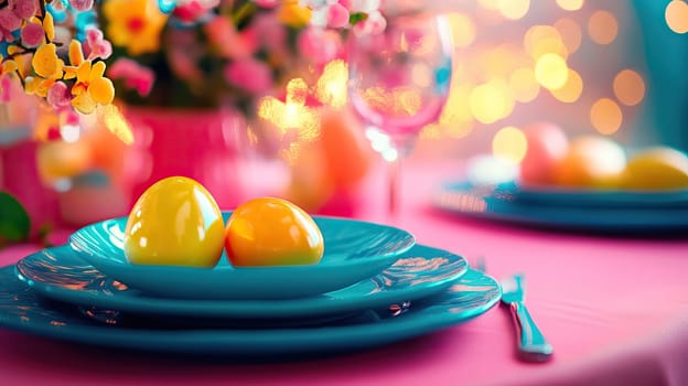 A vibrant Easter table setting with colorful eggs, elegant glassware, and lovely floral decor for a festive mood