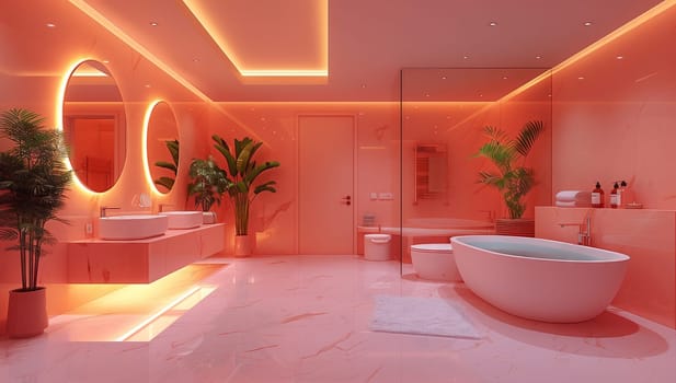 A stylish contemporary pink bathroom that features modern fixtures along with warm and inviting ambient lighting