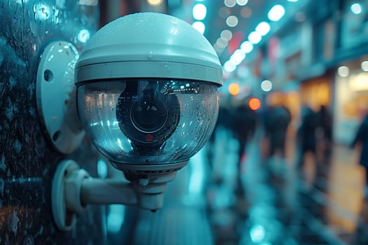 A closeup view of a surveillance camera capturing blurred city lights, highlighting critical themes of urban security