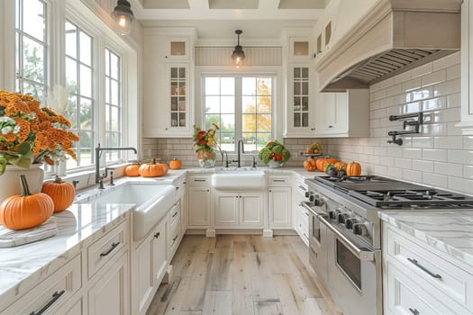 A beautifully designed kitchen adorned with autumn decorations, featuring pumpkins and warm lighting.