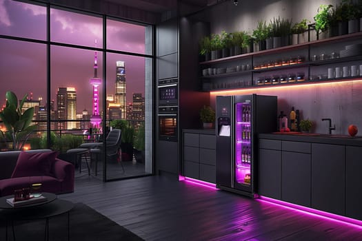 This stylish kitchen boasts a stunning skyline view, ideal for elevating contemporary living and design