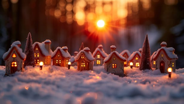 A charming snowcovered village illuminated with warm lights at beautiful sunset, creating a cozy winter atmosphere