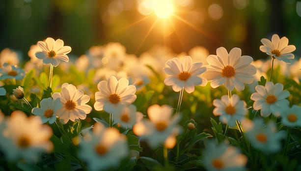 A stunningly beautiful field filled with bright white daisies that bask joyfully in the golden sunlight of dawn