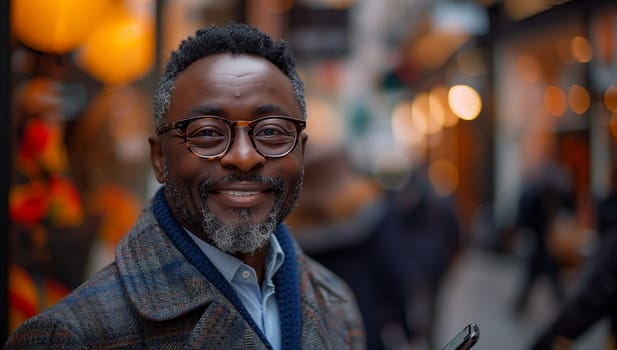 A joyful and happy man poses cheerfully in a vibrant urban setting, showcasing joy, warmth and connection with others