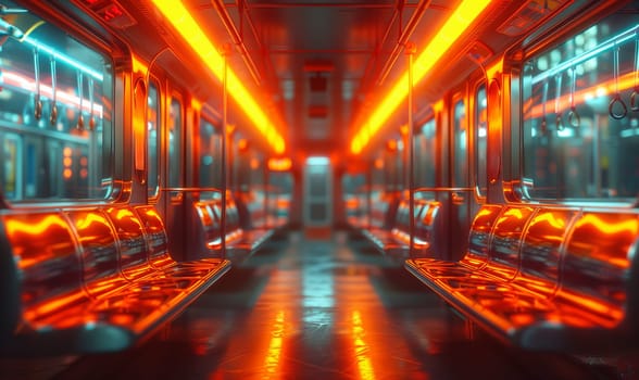 A vibrant subway interior illuminated by glowing neon lights, featuring wet reflective surfaces that enhance depth