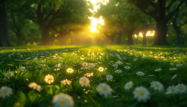 A peaceful and tranquil scene featuring vibrant flowers blooming and warm sunlight gently filtering through the trees