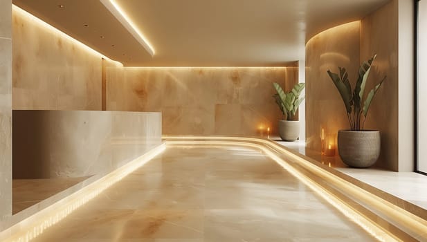 Experience a serene spa environment that showcases soft, soothing lighting, warm inviting tones, and lush green plants