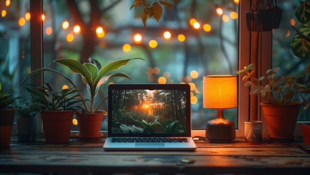 A serene workspace with a laptop, lush plants, and warm lighting, perfect for inspiration and motivation