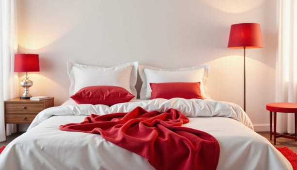 A white bed with red pillows and a red blanket. The bed is surrounded by red carpet and there are two lamps on either side of the bed. The room is very clean and well-organized