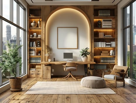 This stylish home office features wood accents, lush plants, and large windows for ample natural light