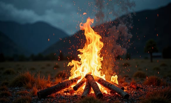A fire is burning in a pile of wood in a field. The fire is orange and the sky is cloudy
