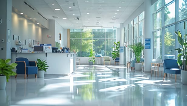 A serene hospital lobby with natural light, lush plants, and modern furniture, creating a welcoming atmosphere