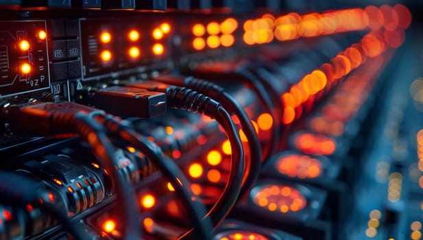 A detailed view of illuminated cables, connections, and the infrastructure within a modern data center