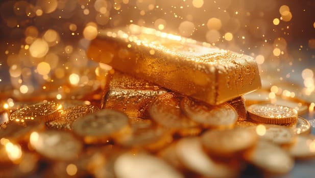 A stunning gold bar amidst shiny, glimmering coins radiates pure luxury and captivates with immense wealth