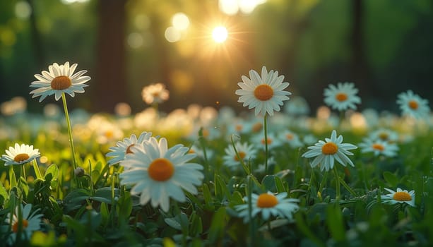 A vibrant and colorful scene of cheerful daisies beautifully illuminated by soft sunlight in a tranquil green setting