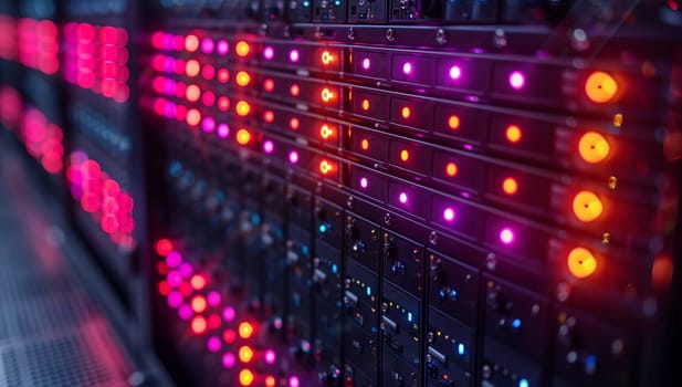 A detailed closeup view of server racks featuring bright, vibrant LED indicators that showcase data activity