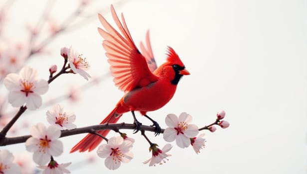 A red cardinal perched on a branch of a cherry blossom tree. The bird is surrounded by pink blossoms, creating a serene and peaceful atmosphere