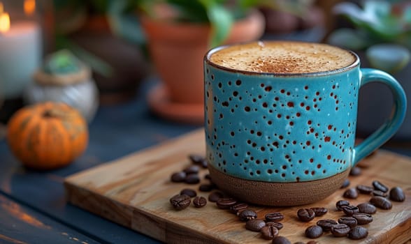 A vibrant blue mug filled with steaming coffee, surrounded by autumnthemed decor and scattered coffee beans