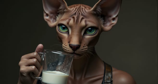 A woman is holding a cup of milk and has a cat's face on her. The cat's face is made of clay and is drinking the milk. The image has a playful and whimsical mood