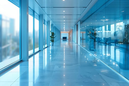 A sleek and modern office corridor featuring expansive glass walls, a polished floor, and stylish contemporary decor