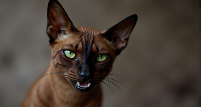 A cat with green eyes and a black nose is looking at the camera. The cat has a black mouth and is making a funny face