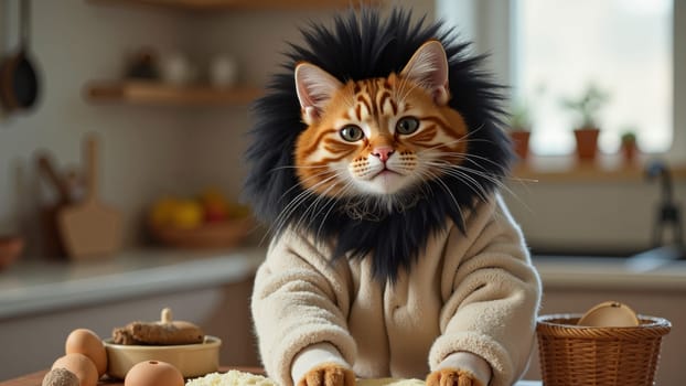 A cat wearing a lion costume is sitting at a table with food. The cat appears to be enjoying itself and is likely participating in a cooking activity