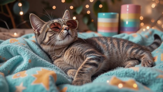 A cat wearing sunglasses is laying on a blue blanket. The cat is relaxed and content. The scene is cozy and peaceful